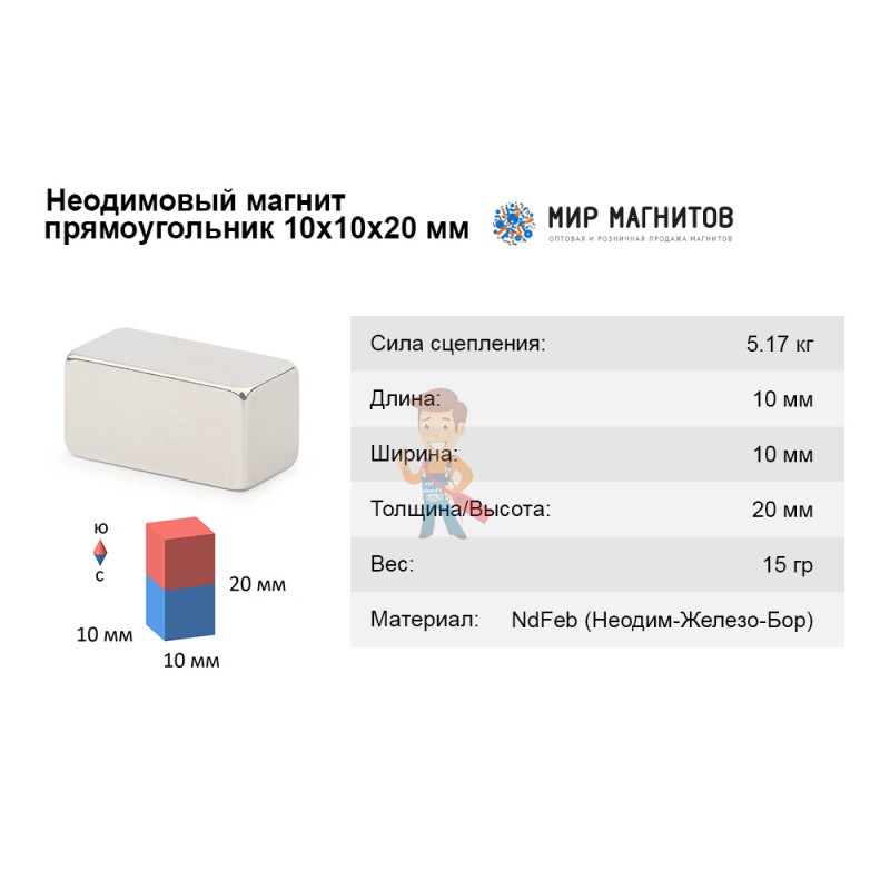 Неодимовый магнит прямоугольник 10х10х20 мм - фото 5