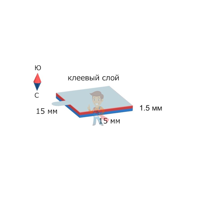 Неодимовый магнит прямоугольник 15х15х1.5 мм с клеевым слоем, 8шт, Forceberg - фото 8