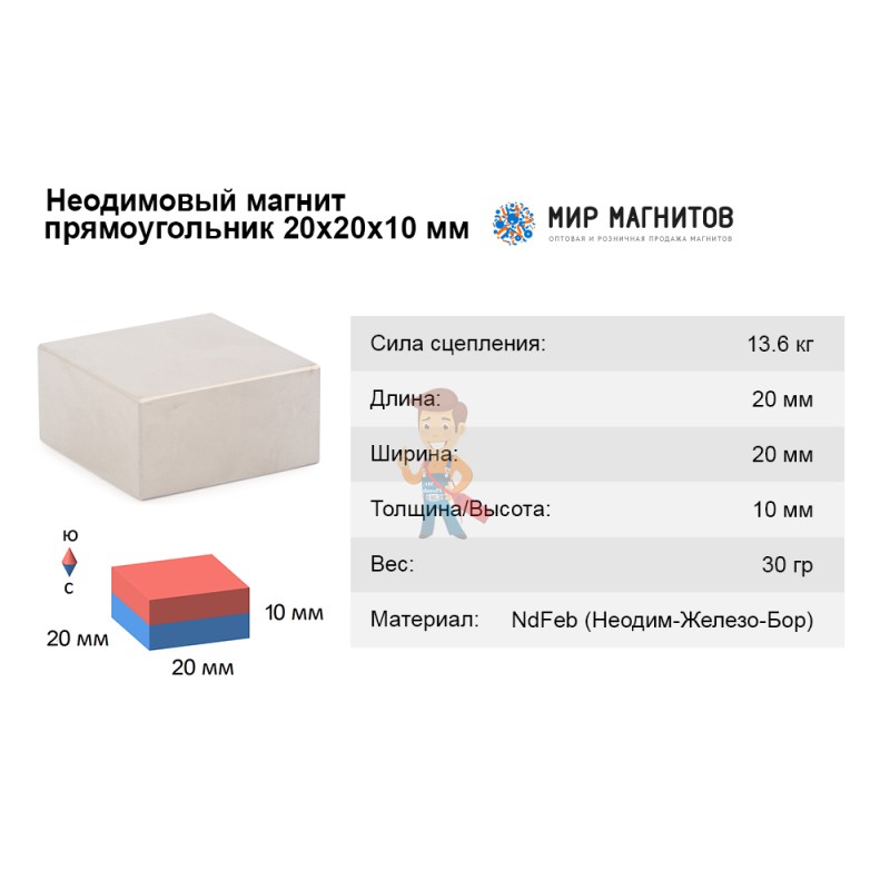 Неодимовый магнит прямоугольник 20х20х10 мм - фото 3