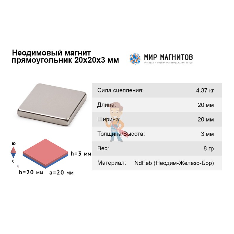Неодимовый магнит прямоугольник 20х20х3 мм - фото 4