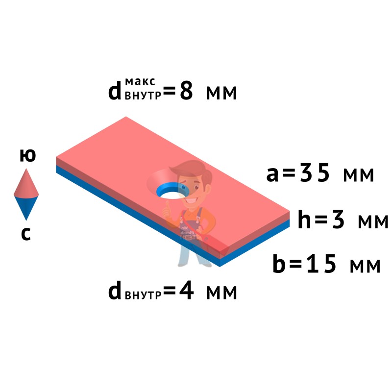 Неодимовый магнит прямоугольник 35х15х3 мм с зенковкой 4/8 мм - фото 3