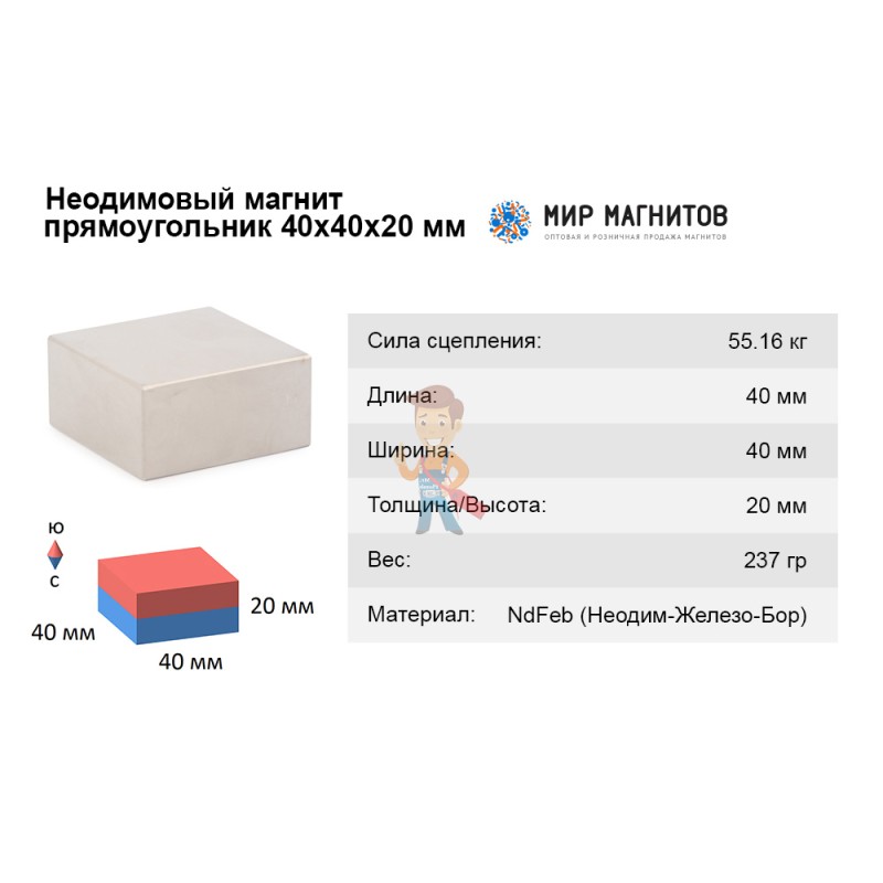 Неодимовый магнит прямоугольник 40х40х20 мм - фото 3